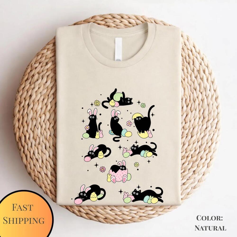 Black Cats Easter Shirt Bunny Ears Kawaii Graphic Tee For Cat Lovers